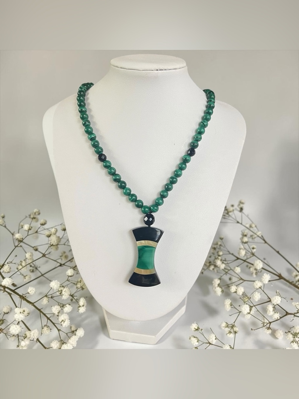 Vintage Artisan Sterling Silver Malachite MOP Onyx Inlay Necklace